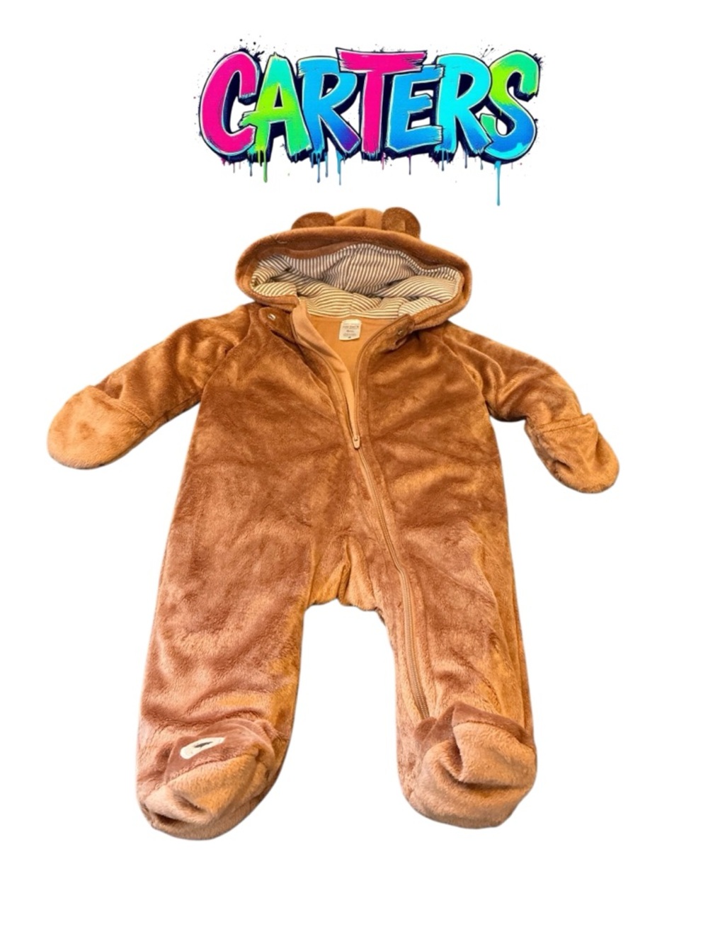 Carter's Plush Brown Hooded Baby One-Piece with Striped Lining